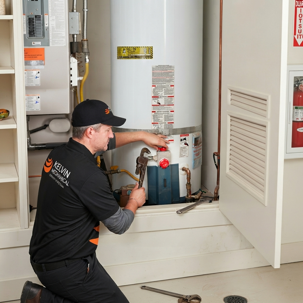 Kelvin Mechanical water heater technician at work