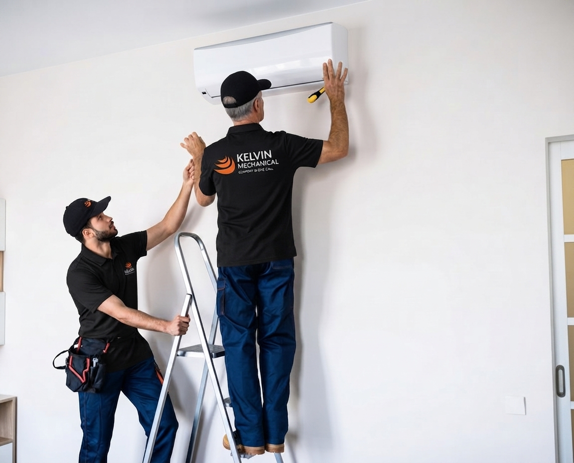 Licensed Kelvin Mechanical technicians installing a residential air conditioner